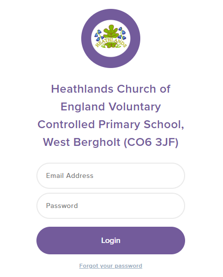 Log in screen for parents