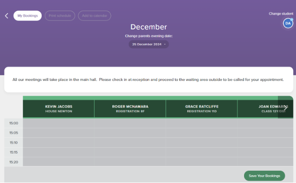 Screenshot of the parents' evening booking screen, displaying the 'Save Your Bookings' button in the bottom-right corner.